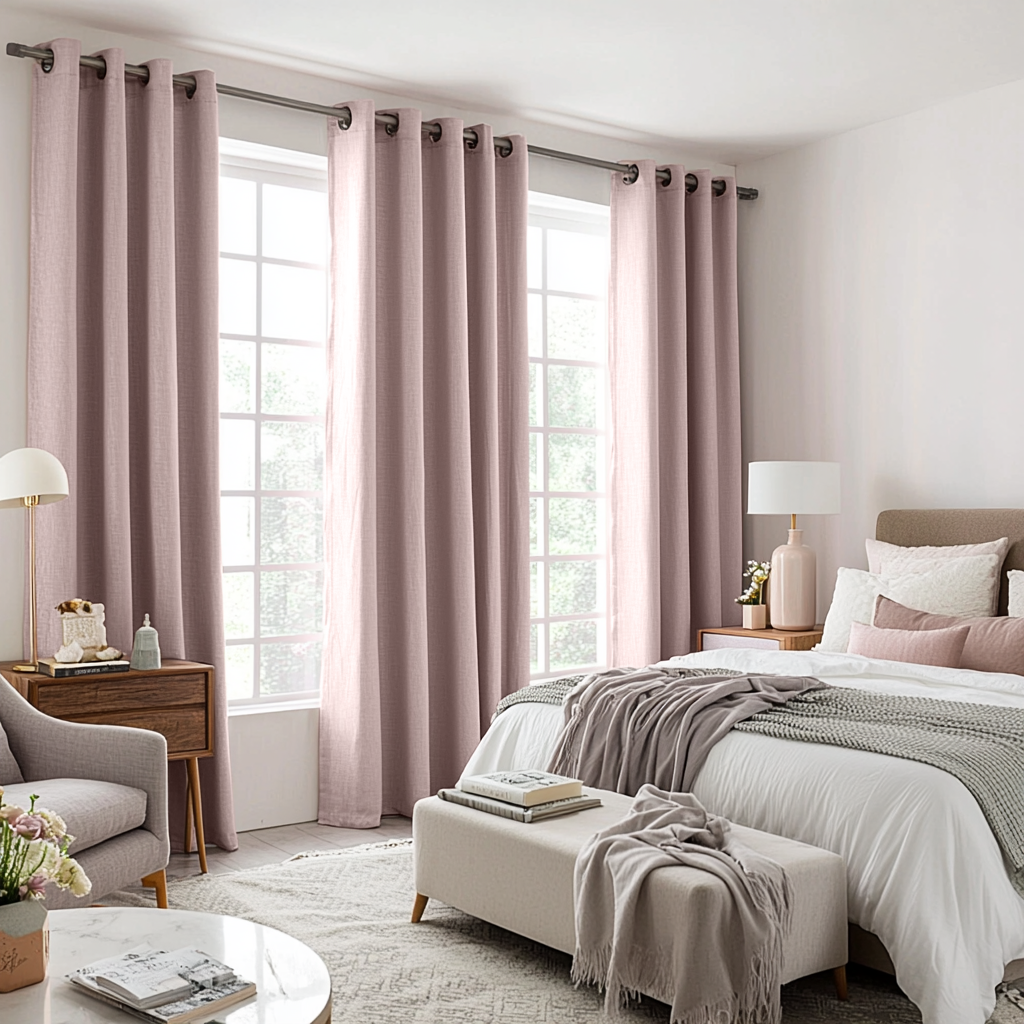 Dusty Pink Linen Eyelet Curtains - Blackout Lining