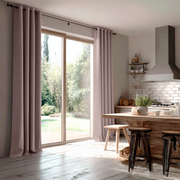 Dusty Pink Linen Eyelet Curtains for Bifold Doors in a Kitchen with Light Grey Walls - Blackout Lining