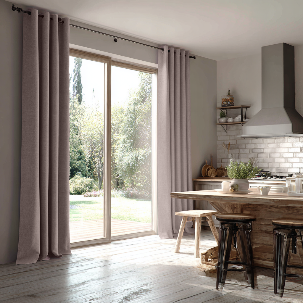 Dusty Pink Linen Eyelet Curtains for Bifold Doors in a Kitchen with Light Grey Walls - Blackout Lining