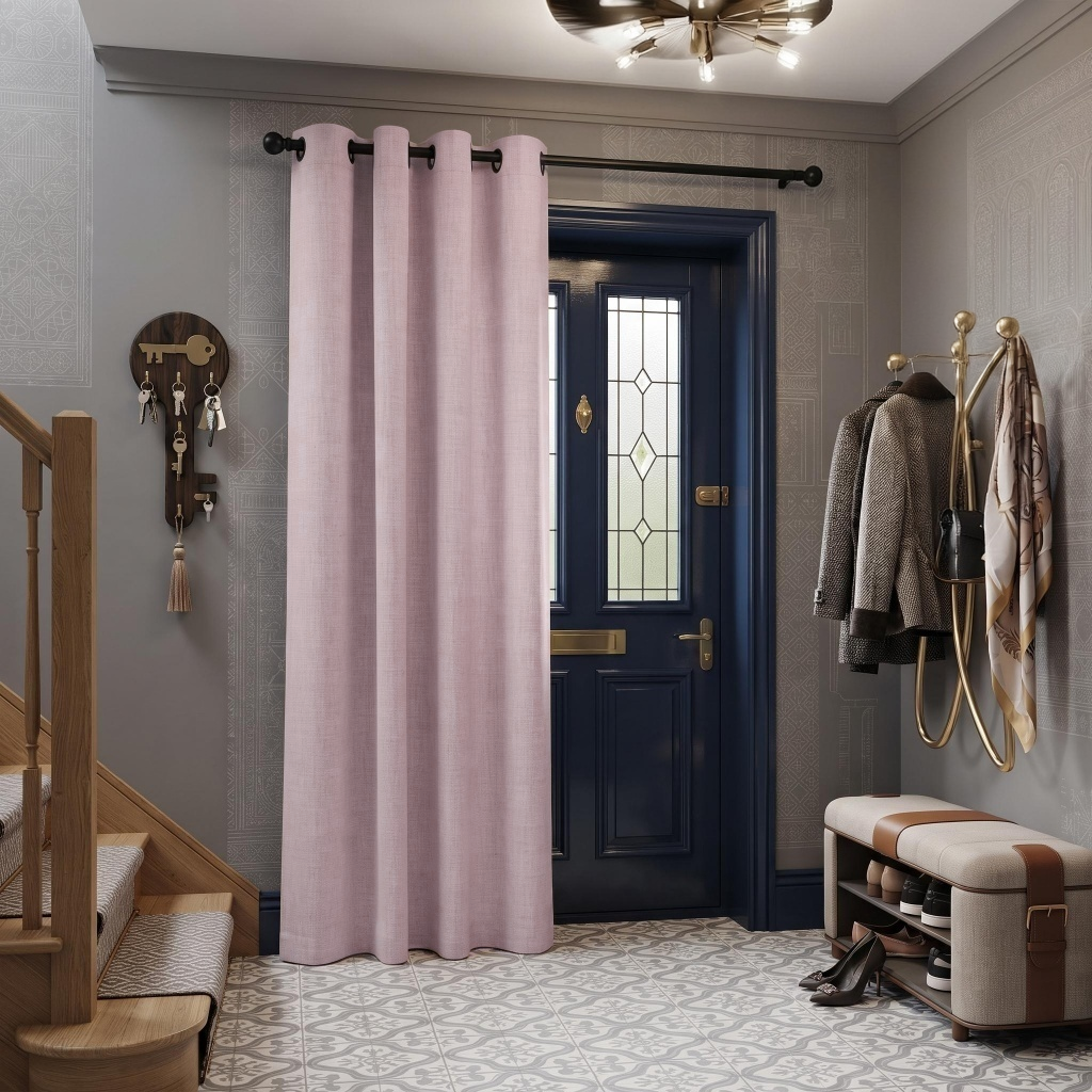 Dusty Pink Thermal Door Curtain in a Hallway with Patterned Gray Walls 