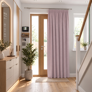 Dusty Pink Thermal Door Curtain in a Hallway with Light  Walls and Wooden Flooring