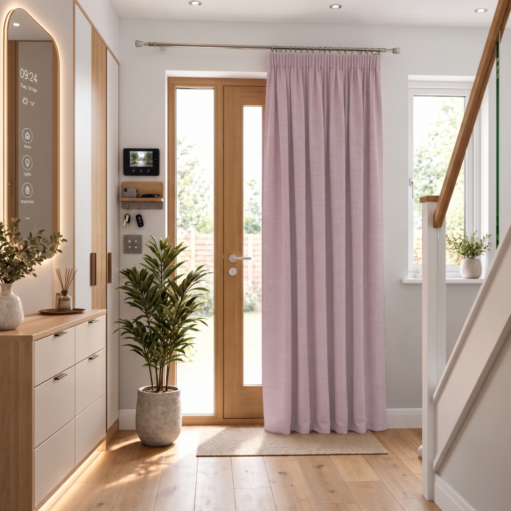 Dusty Pink Thermal Door Curtain in a Hallway with Light  Walls and Wooden Flooring