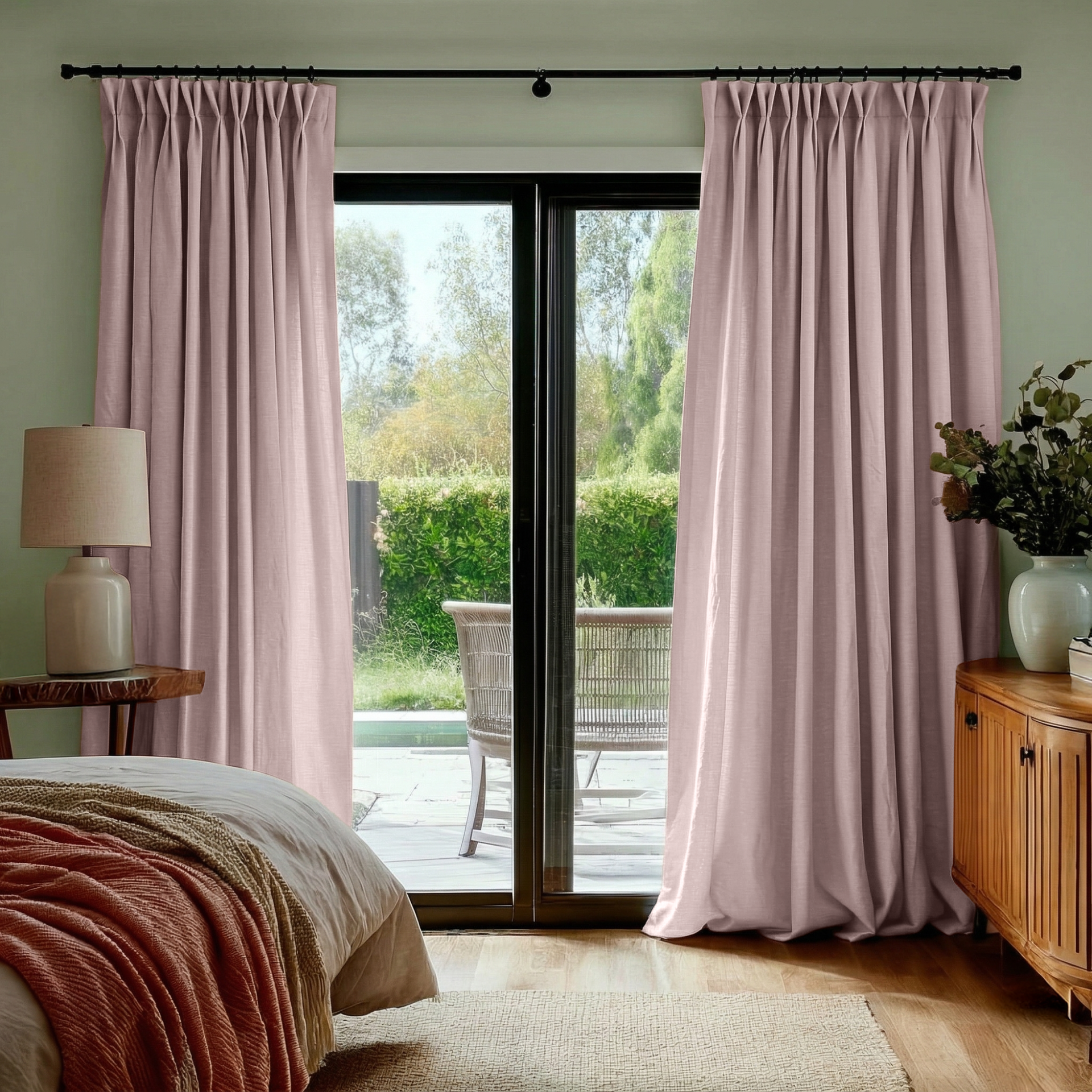 Dusty Pink Linen Pinch Pleat Curtains for Bifold Doors in a Bedroom with Sage Green Walls - Cotton Lining
