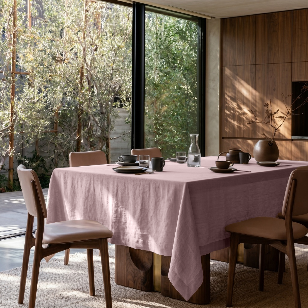 Dusty Pink Rectangular Linen Tablecloth in a Contemporary Dining Room with Floor-to-Ceiling Windows and Walnut Wall Paneling