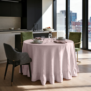 Dusty Pink Linen Round Ruffle Tablecloth in a Modern Dining Room with Black Cabinetry