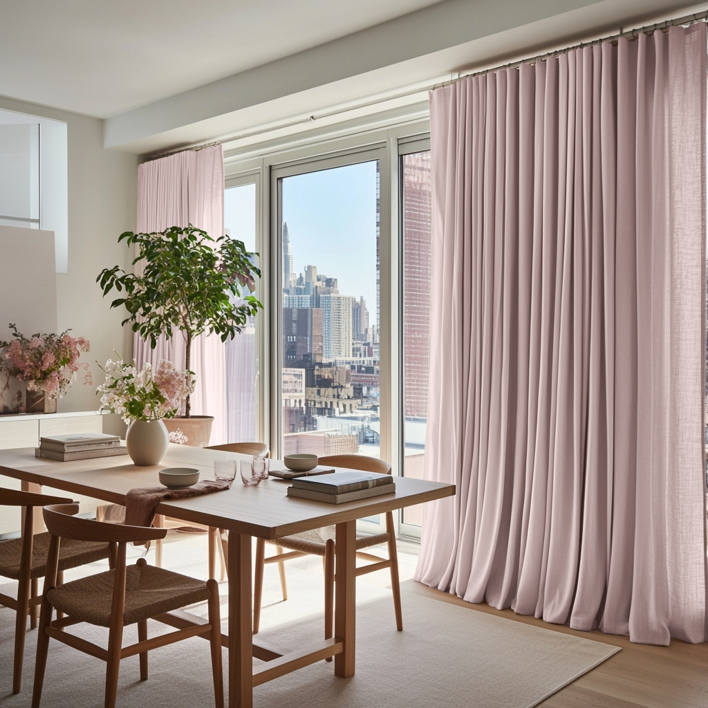 Dusty Pink Linen S-Fold Curtains for Bifold Doors in a Dining Room with Off-White Walls