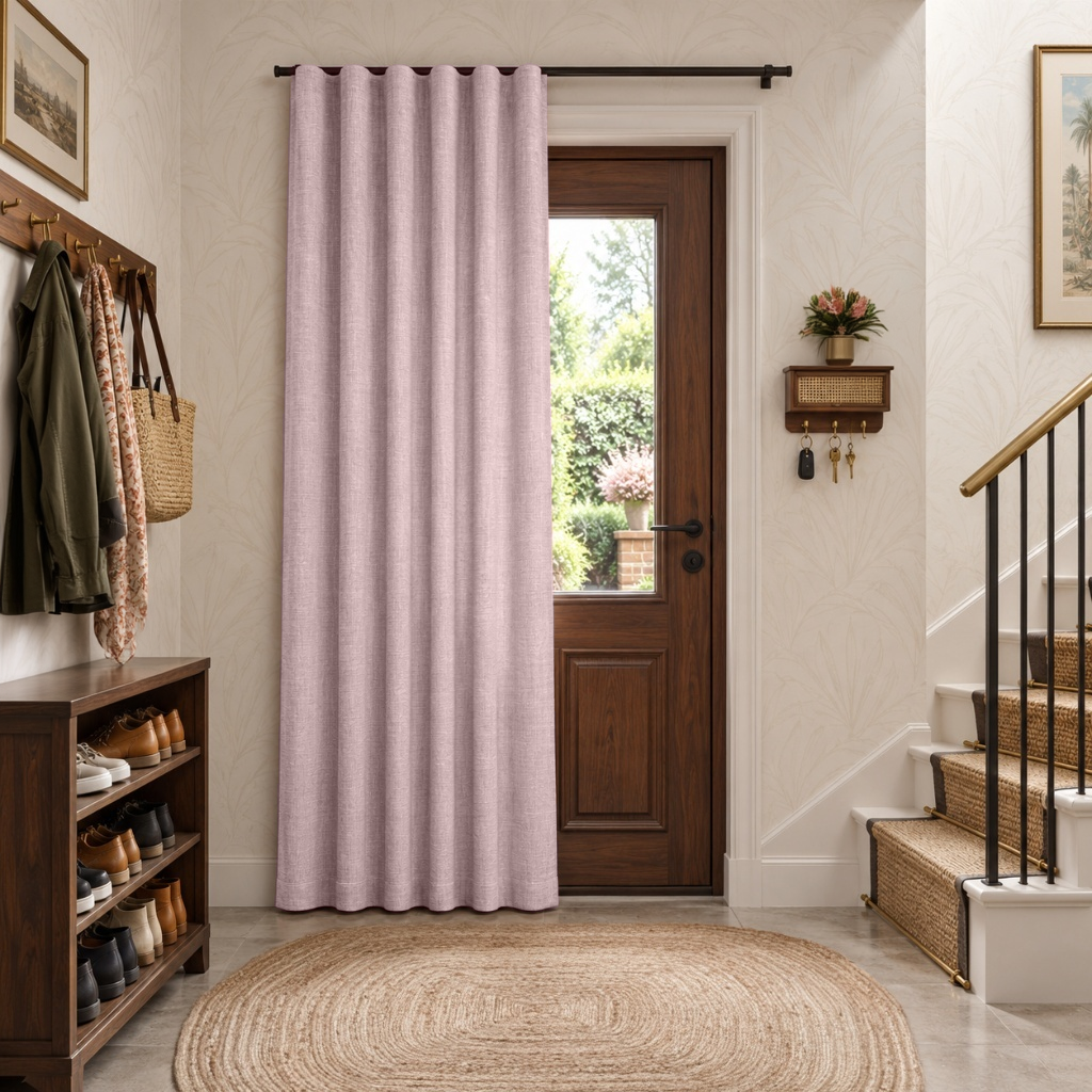 Dusty Pink Thermal Door Curtain in a Hallway with Patterned Wallpaper and Wooden Staircase