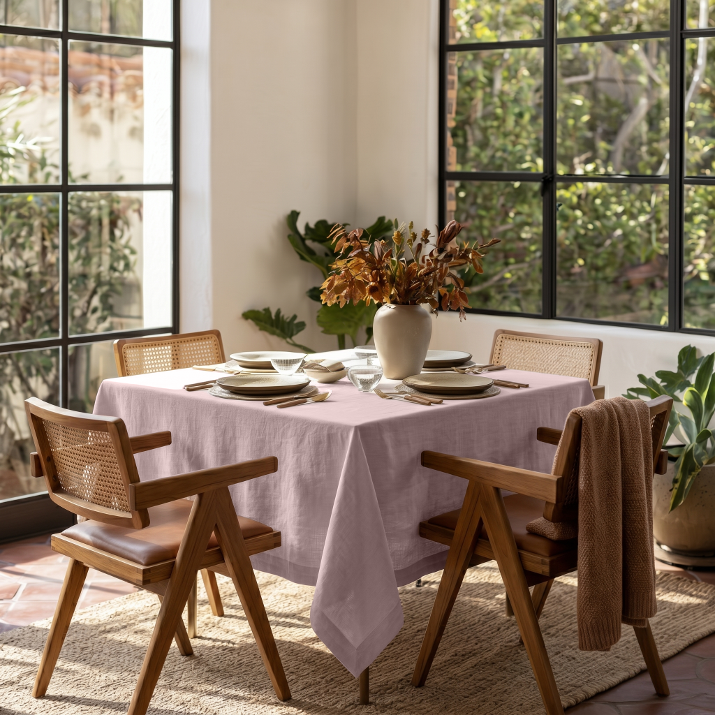 Dusty Pink Square Linen Tablecloth in a Mid-Century Modern Dining Room with Wooden Cane Chairs