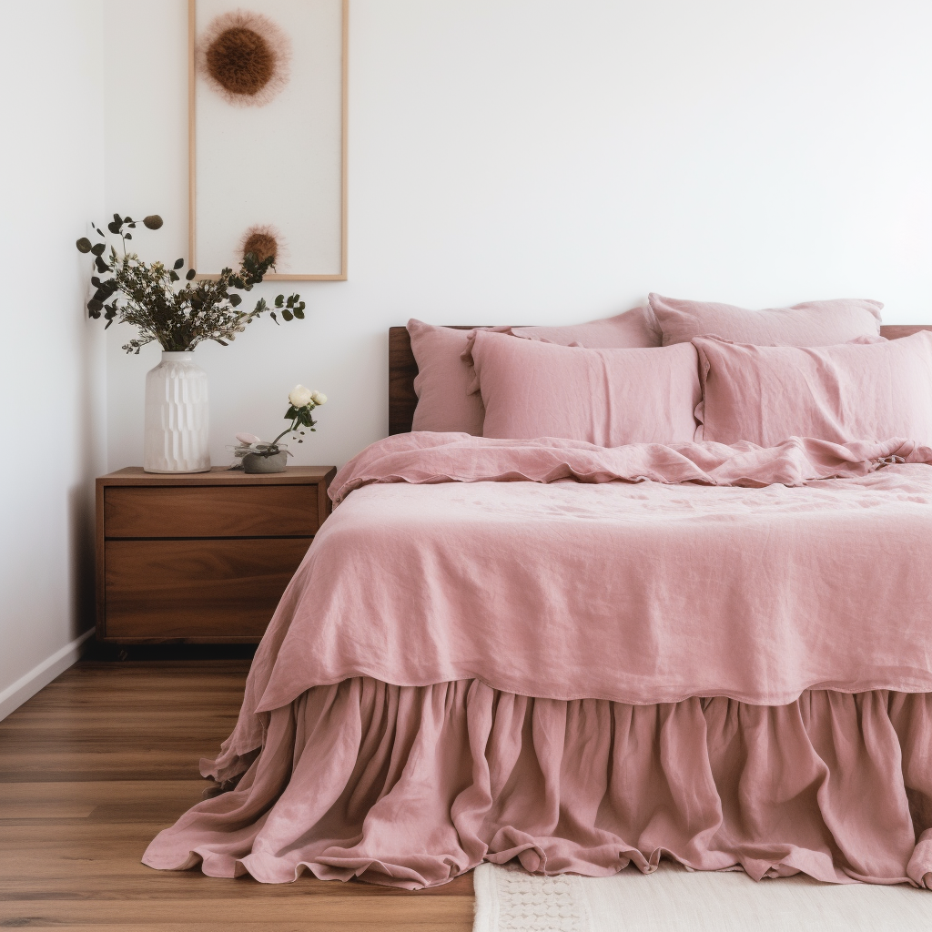 Dusty Rose Linen Bed Skirt Valance with Gathered Ruffles