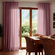 Dusty Rose Linen Back Tab Curtains for Bifold Doors in a Dining Room with Off-White Walls