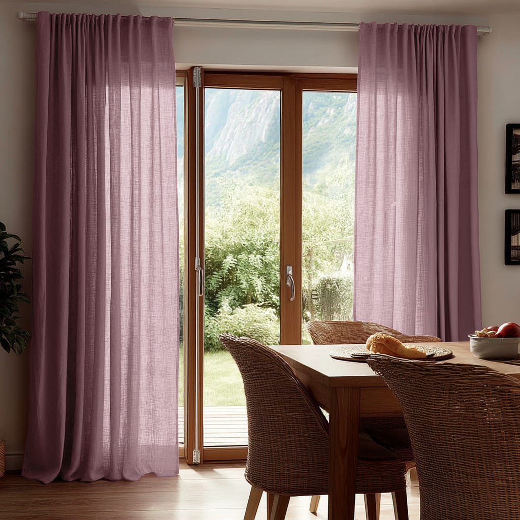 Dusty Rose Linen Back Tab Curtains for Bifold Doors in a Dining Room with Off-White Walls