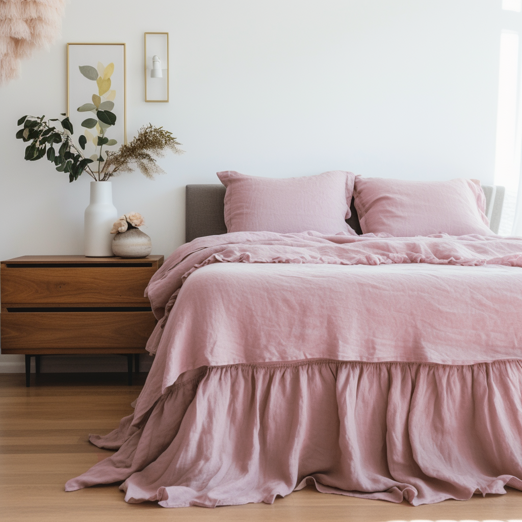Dusty Rose Linen Bed Skirt Valance with Gathered Ruffles
