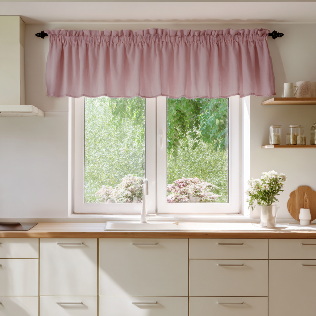 Dusty Rose Linen Kitchen Valance - Blackout Lining