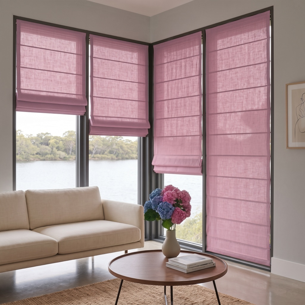 Dusty Rose Roman Blinds in a Contemporary Living Room with Soft Beige Walls and a Round Wooden Coffee Table