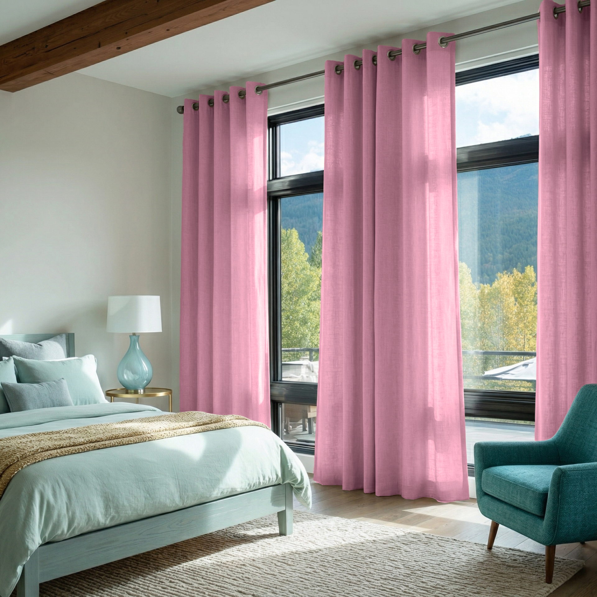 Dusty Rose Linen Eyelet Bedroom Curtains in a Bright Bedroom with Soft Aqua Accents