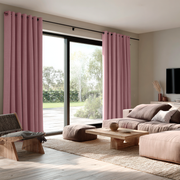 Dusty Rose Linen Eyelet Curtains for Bifold Doors in a Dining Room with Light Grey Walls - Blackout Lining