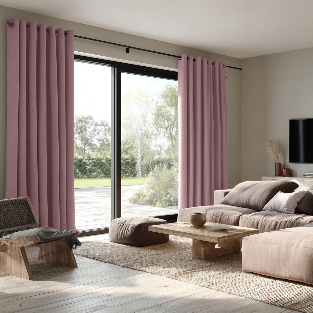 Dusty Rose Linen Eyelet Curtains for Bifold Doors in a Dining Room with Light Grey Walls - Blackout Lining