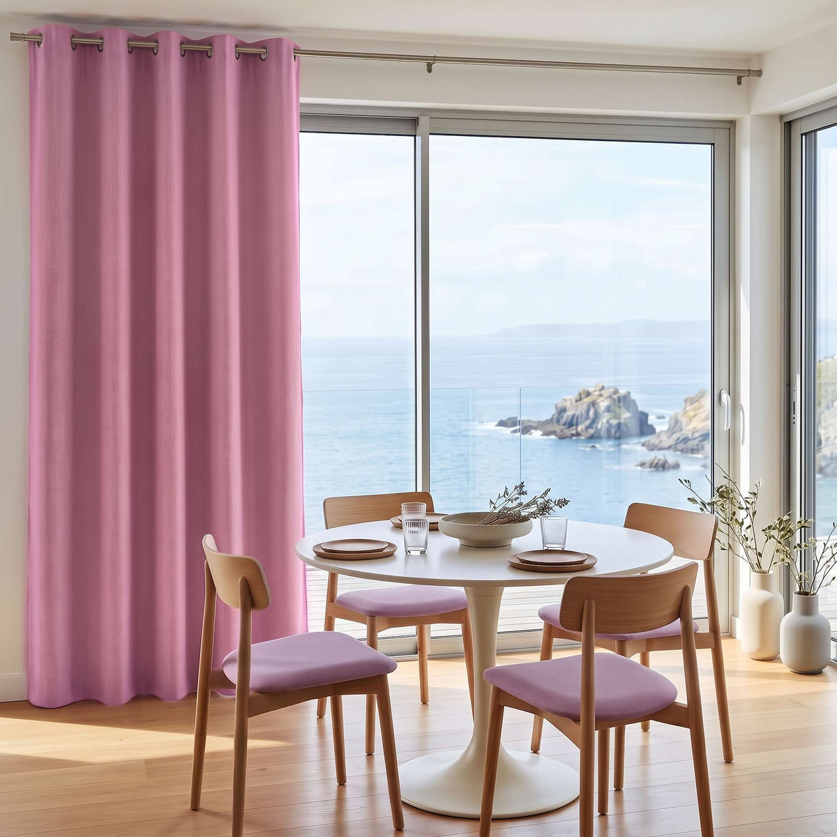 Dusty Rose Linen Eyelets Dining Room Curtain in a Modern Dining Room with White Walls, Lilac Upholstered Chairs and a Rocky Coastal View - Blackout Lining