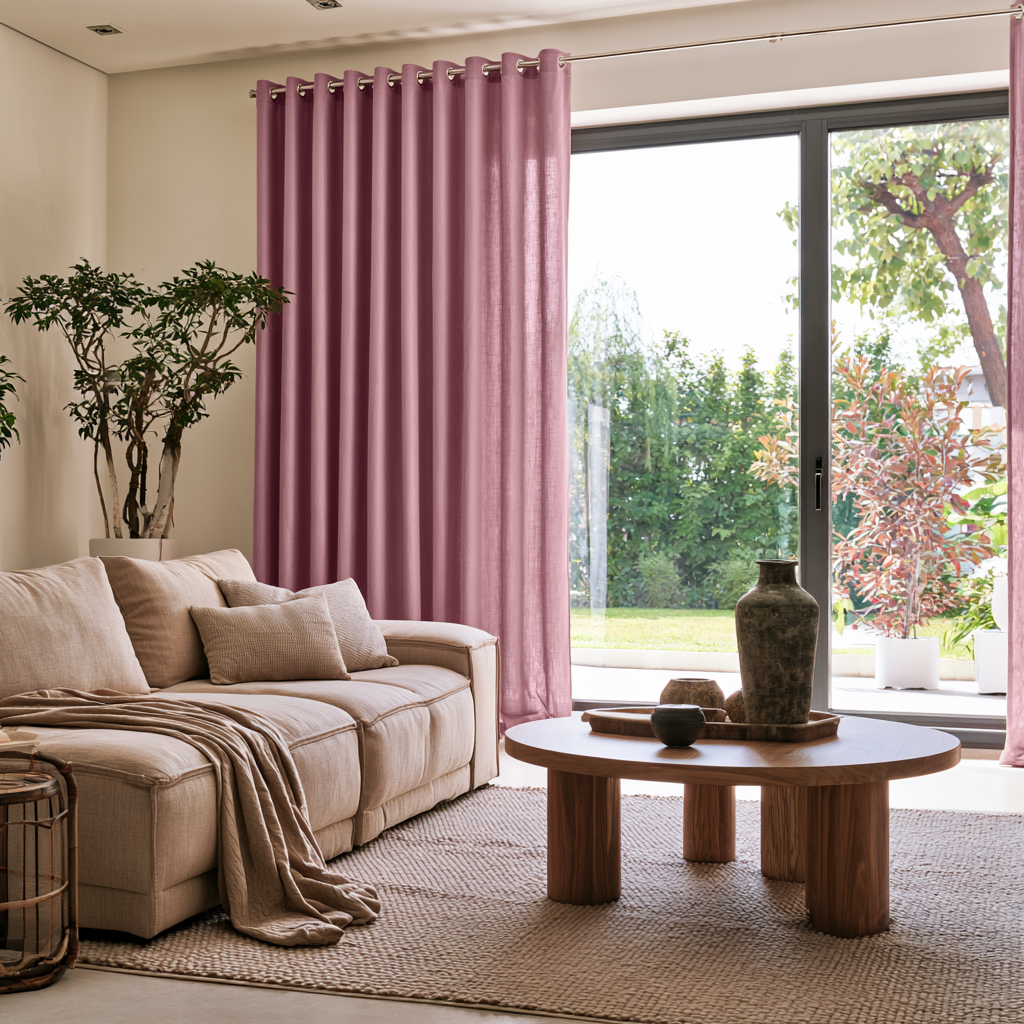 Dusty Rose Linen Eyelets Extra Long Curtains in a Modern, Sunlit Living Room with Beige Sofa and a Round Wooden Coffee Table