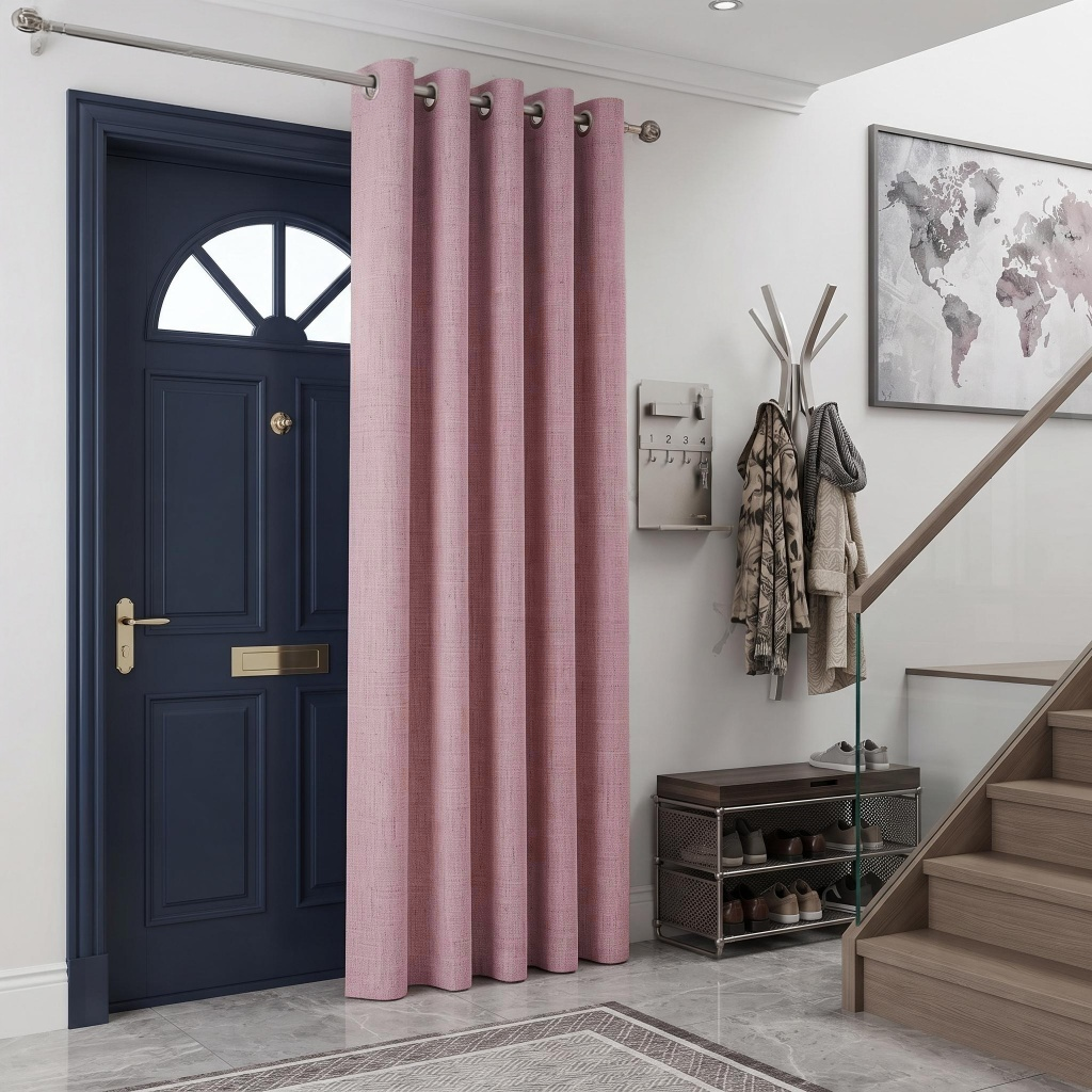 Dusty Rose Thermal Door Curtain in a Modern Hallway