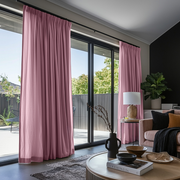 Dusty Rose Linen Pencil Pleat Curtains for Bifold Doors in a Living Room with Charcoal Walls