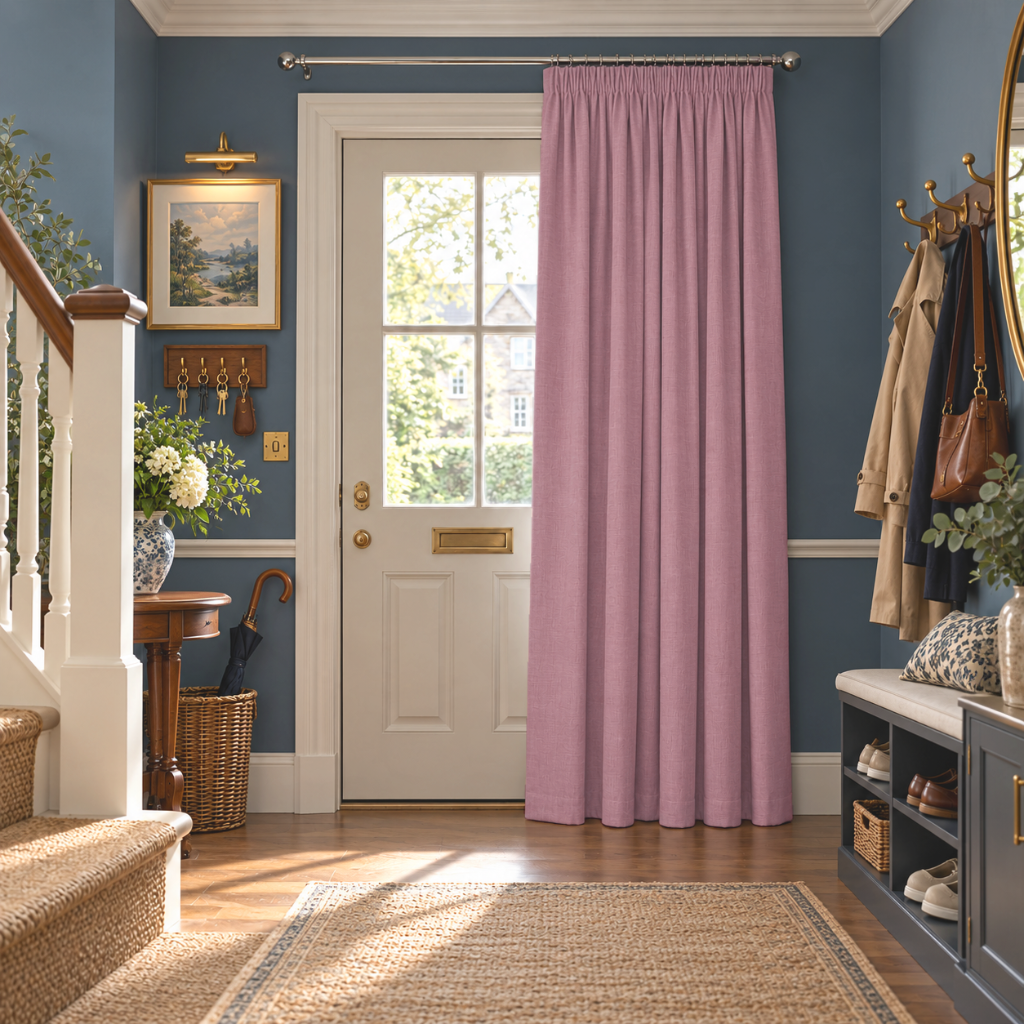 Dusty Rose Thermal Door Curtain in a Сontemporary Hallway with Blue Textured Wallpaper