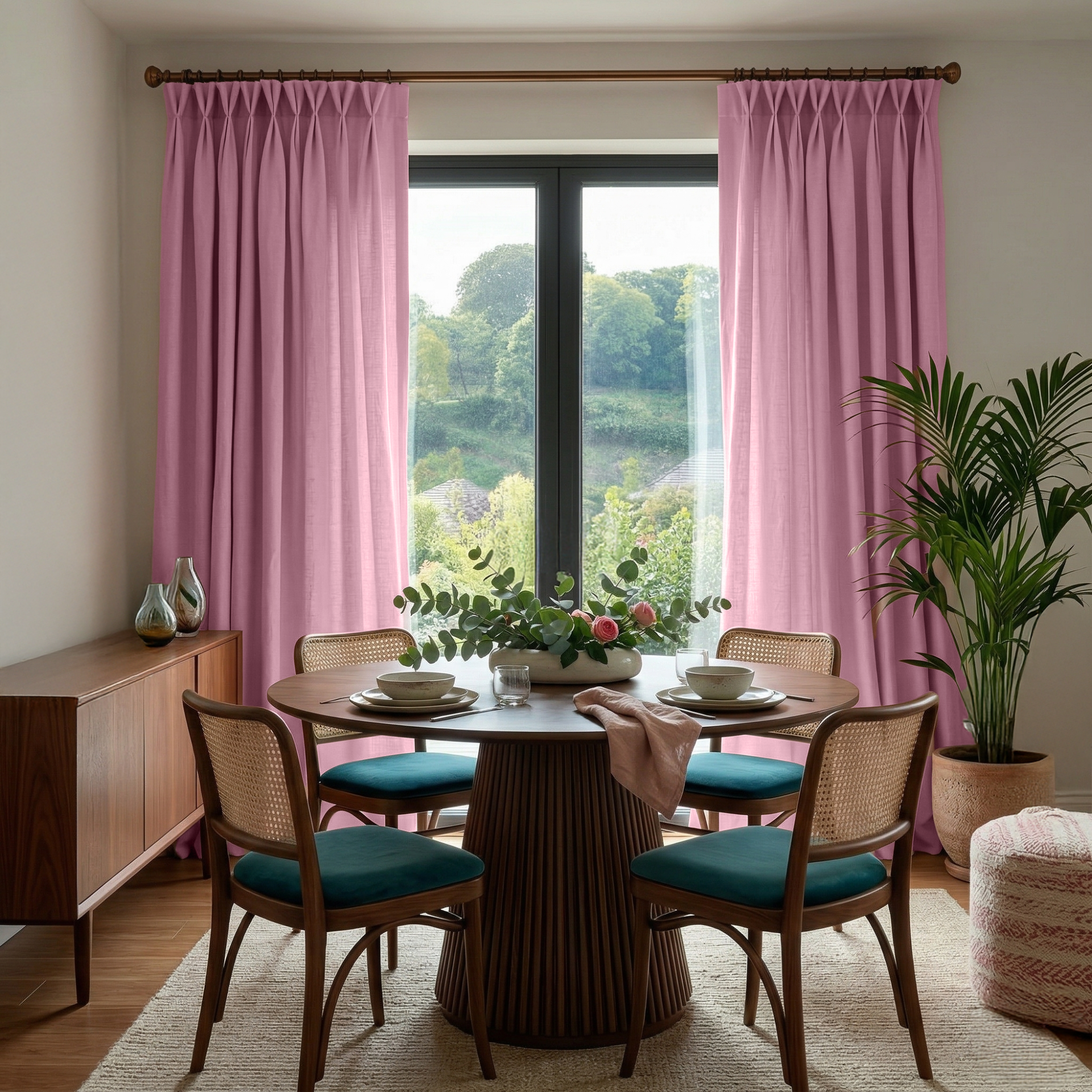 Dusty Rose Linen Pinch Pleat Curtains for Bifold Doors in a Dining Room with Greige Walls - Cotton Lining