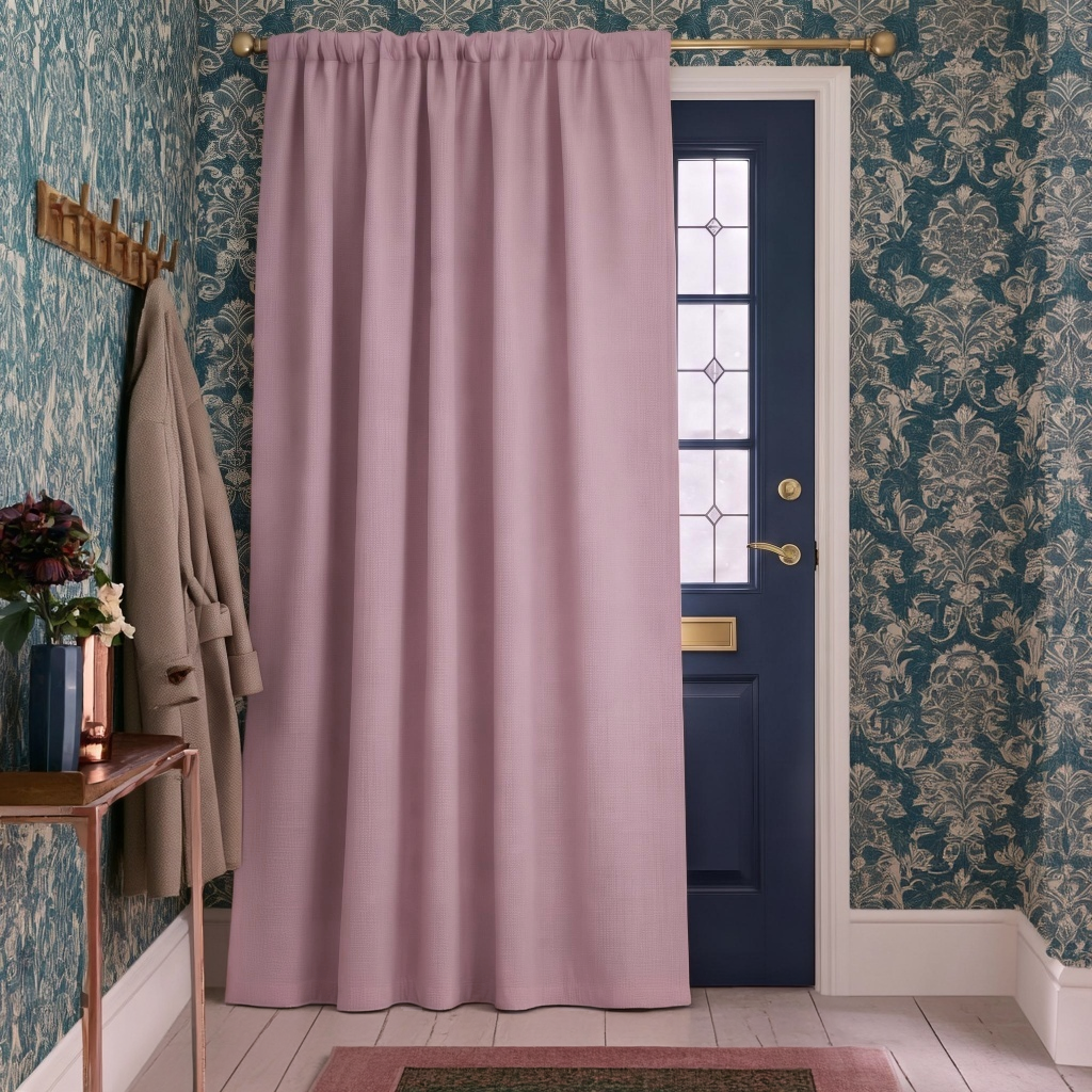 Dusty Rose Thermal Door Curtain in a Hallway with Blue Damask Wallpaper and Dark Blue Panel Door