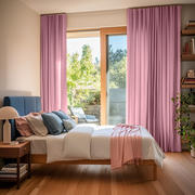 Dusty Rose Linen S-Fold Curtains for Bifold Doors in a Bedroom with Cream Walls - Cotton Lining