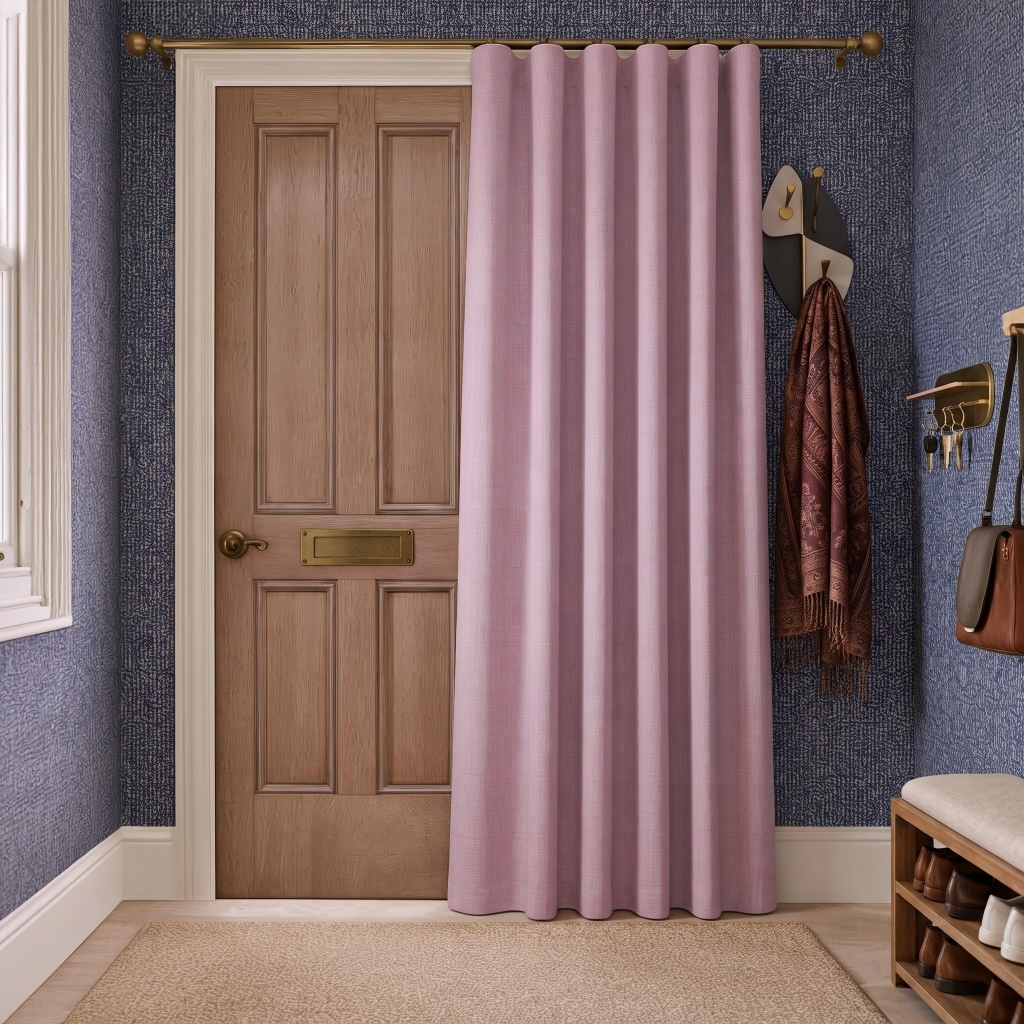 Dusty Rose Thermal Door Curtain in a Hallway with Blue Textured Wallpaper and Natural Wood Door