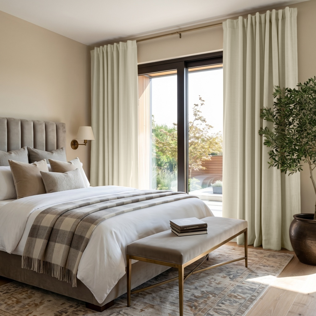 Ecru Heavy Weight Linen Back Tab Curtains for Sliding Door in a Modern Bedroom with Beige Walls - Blackout Lining