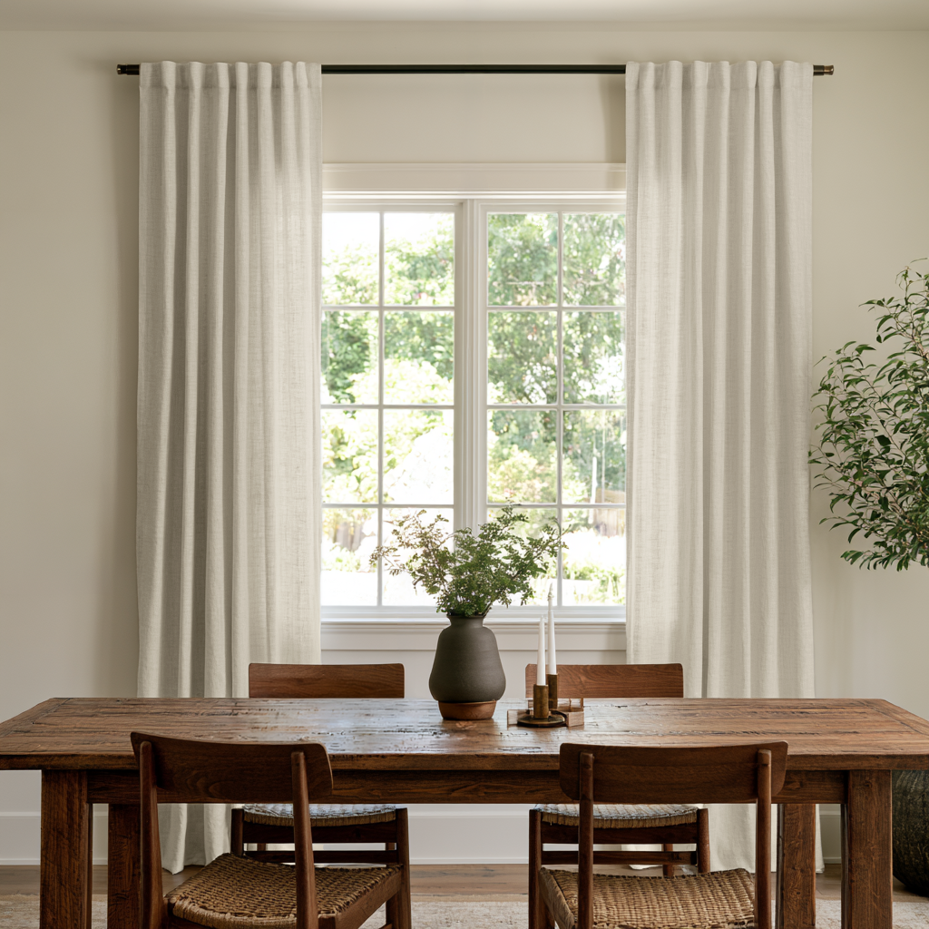 Ecru Heavy Weight Linen Back Tab Curtains in a Rustic Dining Room with Reclaimed Wood Table and Woven Chairs