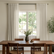 Ecru Heavy Weight Linen Back Tab Curtains in a Rustic Dining Room with Reclaimed Wood Table and Woven Chairs