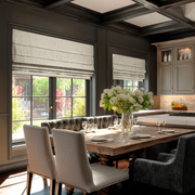 Ecru Heavy Weight Linen Roman Blinds in an Elegant Kitchen Dining Room with Dark Paneled Walls - Blackout Lining