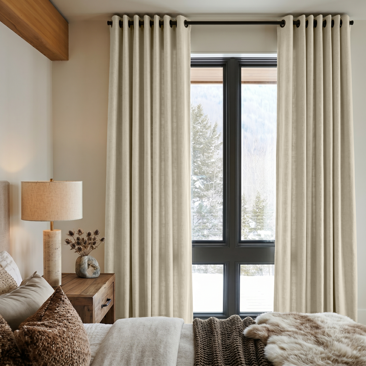 Ecru Heavy Weight Linen Eyelet Curtains in a Cozy Mountain Bedroom With Warm Wood Accents - Cotton Lining
