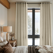 Ecru Heavy Weight Linen Eyelet Curtains in a Cozy Mountain Bedroom With Warm Wood Accents - Cotton Lining