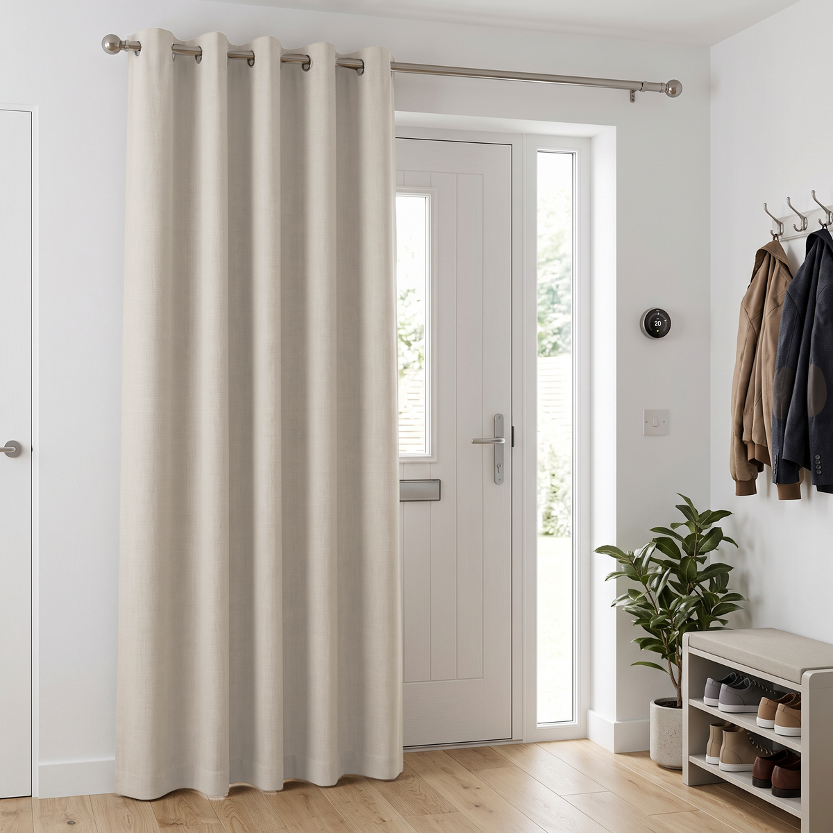 Ecru Heavy Weight Thermal Door Curtain in a Hallway with White Walls and a Light Wood Bench