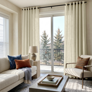 Ecru Heavy Weight Linen Eyelet Curtains for Sliding Door in a Bright Living Room with Cream Seating