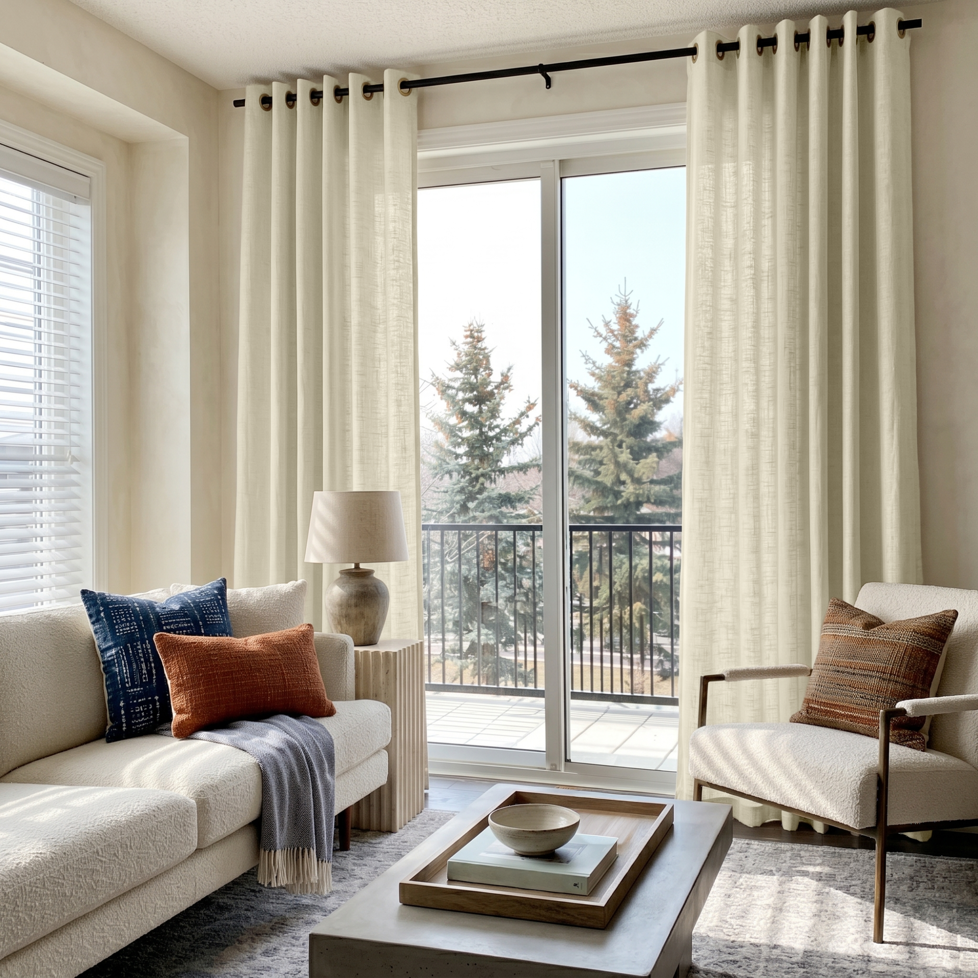 Ecru Heavy Weight Linen Eyelet Curtains for Sliding Door in a Bright Living Room with Cream Seating