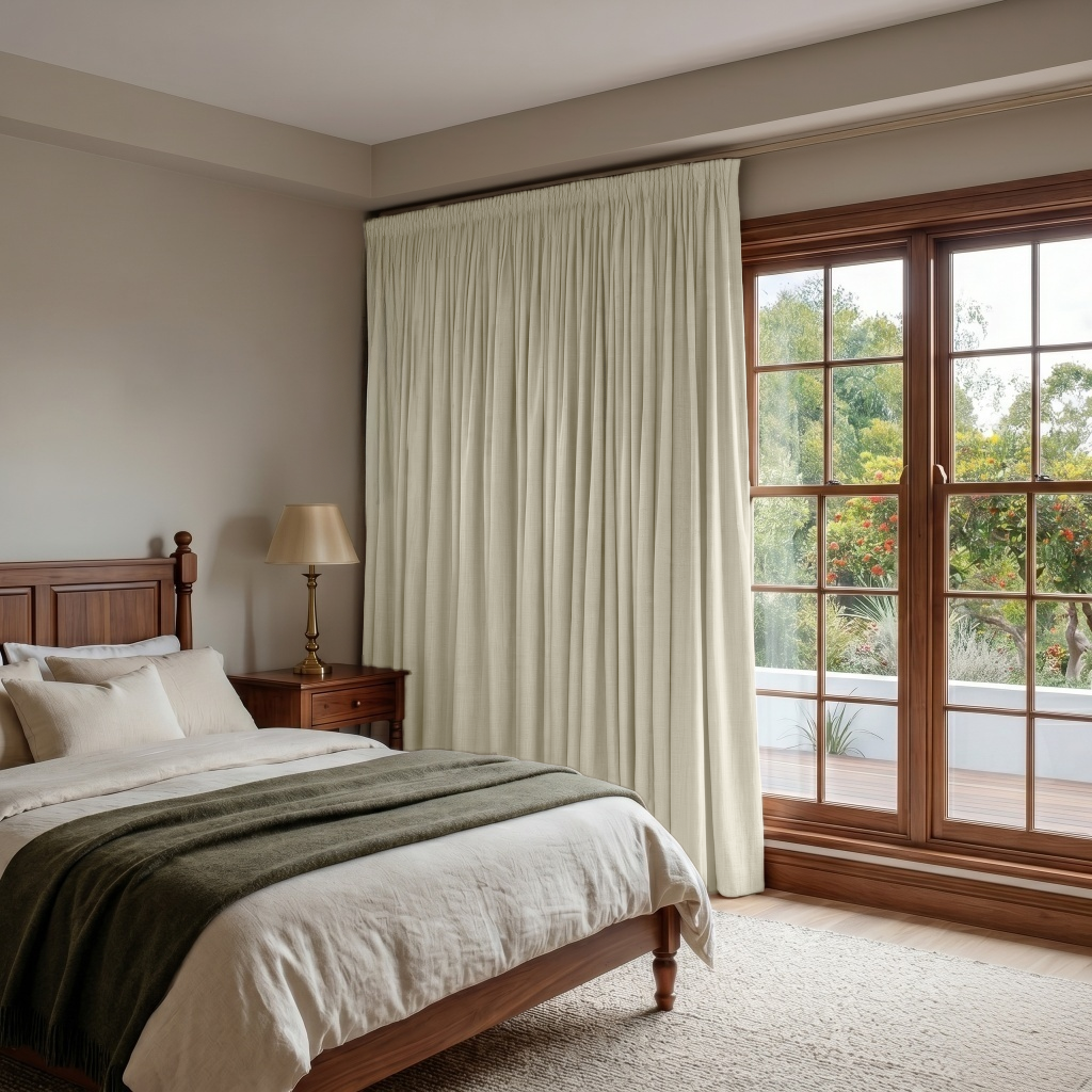 Ecru Heavy Weight Linen Pencil Pleat Bedroom Curtains in a Warm Traditional Bedroom with Greige Walls and Walnut Wood
