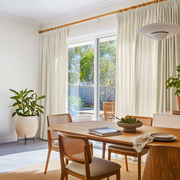Ecru Heavy Weight Linen Pencil Pleat Curtains for Sliding Door in a Modern Dining Room - Cotton Lining