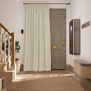 Ecru Heavy Weight Thermal Door Curtain in a Hallway with White Walls and a Taupe Door