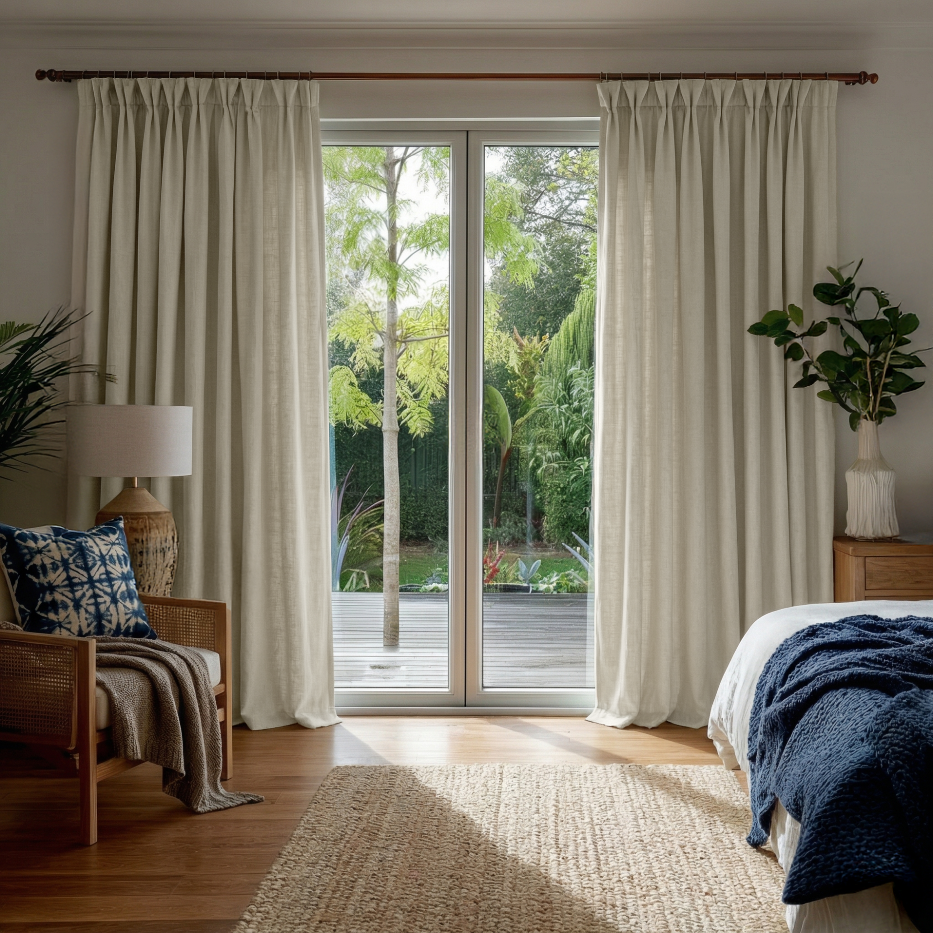Ecru Heavy Weight Linen Pinch Pleat Curtains for Sliding Door in a Calm Bedroom with Natural Wood and Blue Accents - Cotton Lining
