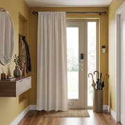 Ecru Heavy Weight Thermal Door Curtain in a Hallway with Mustard Yellow Walls and a Floating Wooden Console