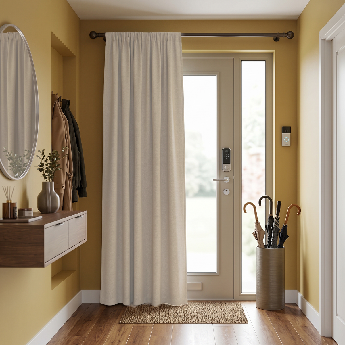 Ecru Heavy Weight Thermal Door Curtain in a Hallway with Mustard Yellow Walls and a Floating Wooden Console