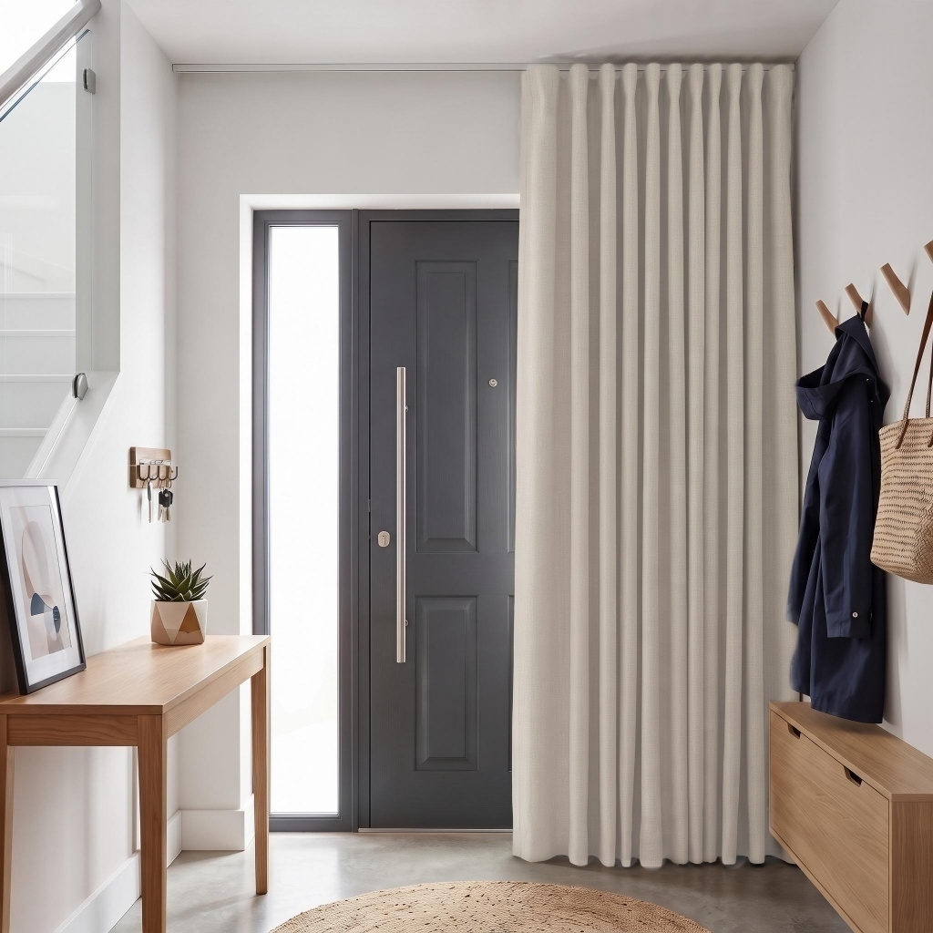 Ecru Heavy Weight Thermal Door Curtain in a Hallway with White Walls and a Charcoal Grey Door