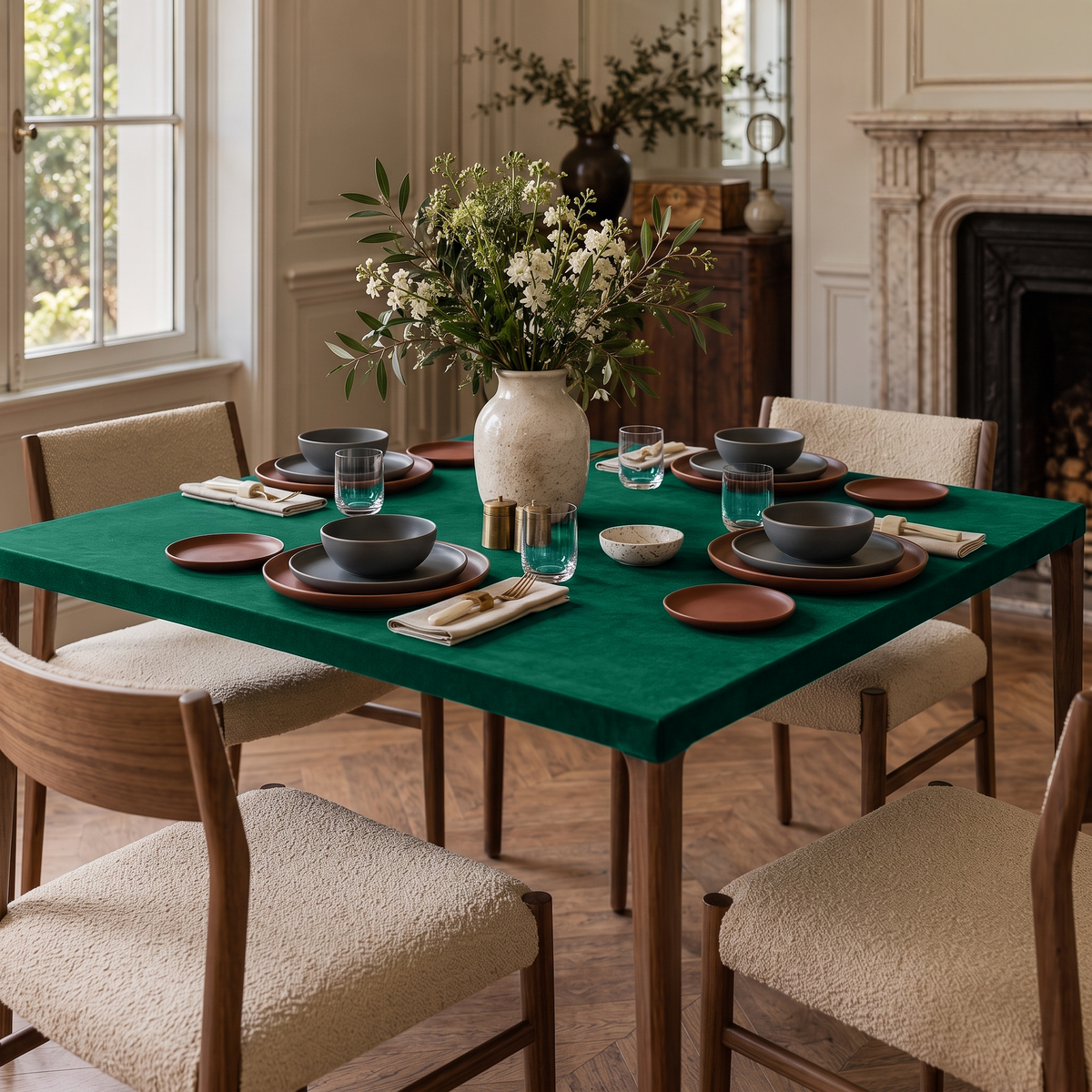 Emerald Green Fitted Square Velvet Tablecloth in a Transitional Dining Room with a Marble Fireplace and Cream Upholstered Chairs