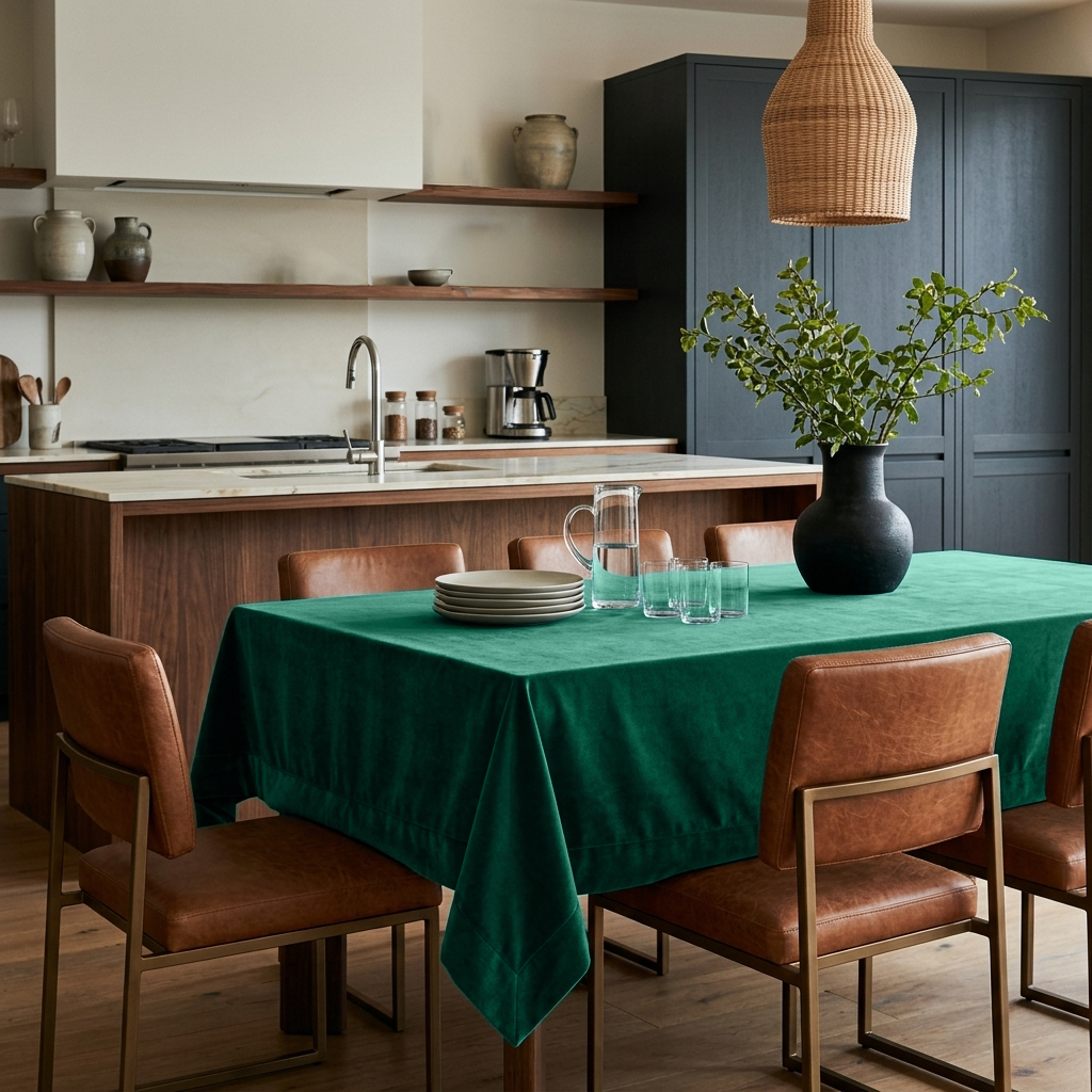 Emerald Green Rectangular Velvet Tablecloth in a Contemporary Kitchen with Navy Cabinetry and Cognac Leather Chairs