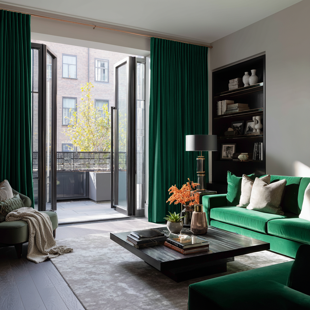 Emerald Green S-Fold Thermal Velvet Curtains for Bifold Doors