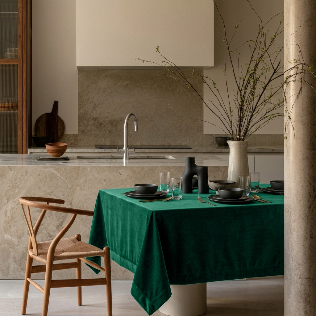 Emerald Green Square Velvet Tablecloth in a Contemporary Kitchen with Marble Surfaces and a Wooden Wishbone Chair